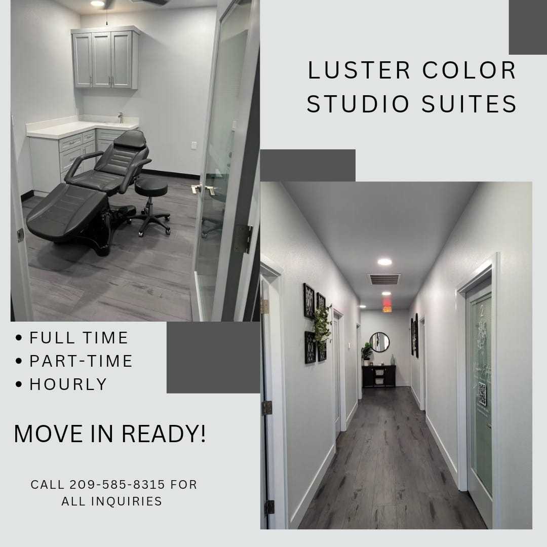 Modern salon suites with adjustable chairs and a bright hallway. Now available for lease.